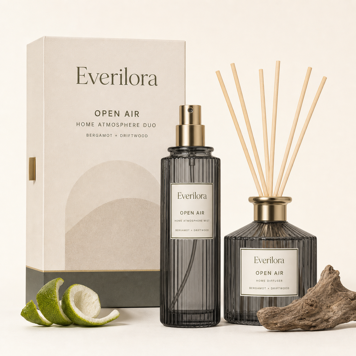 Everilora Open Air Home Atmosphere Duo with fluted room mist and reed diffuser