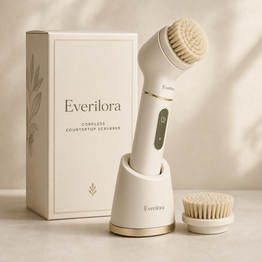 Everilora Cordless Countertop Scrubber with charging base and replacement brush head