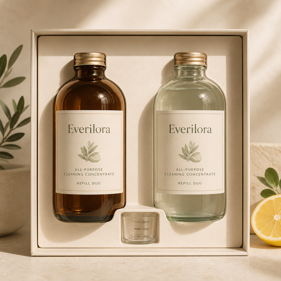 Everilora All-Purpose Cleaning Concentrate Refill Duo with amber and clear glass bottles and measuring cup