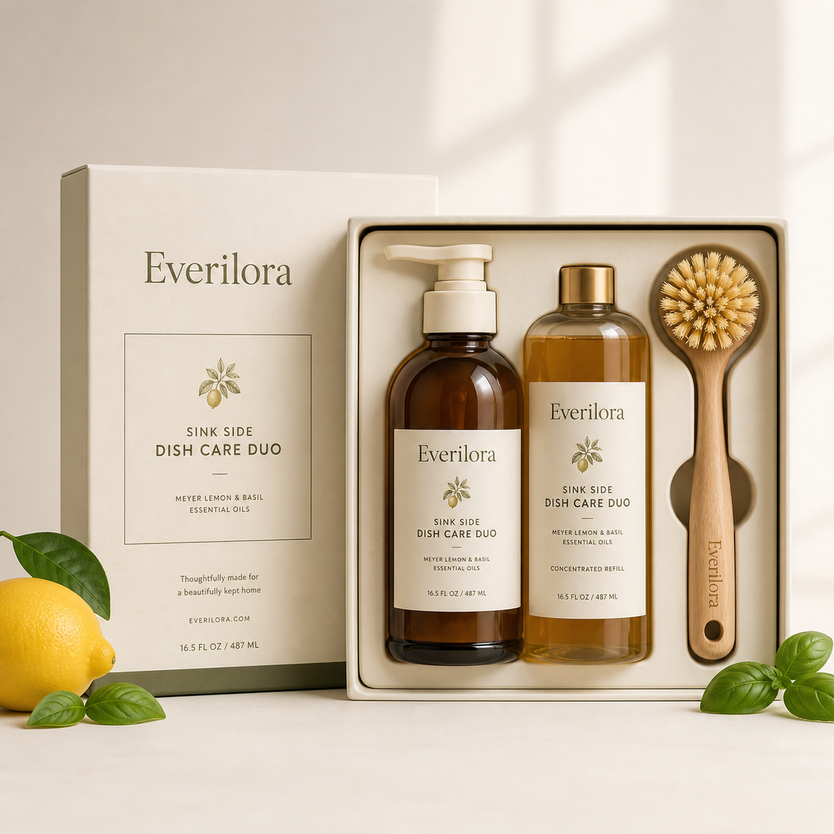 Everilora Sink Side Dish Care Duo with amber pump bottle, refill, and natural-fiber brush