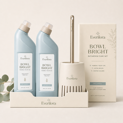 Everilora Bowl Bright Bathroom Care Set with two mineral toilet gels, detail brush, and vented holder