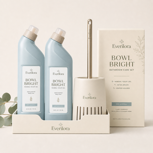 Everilora Bowl Bright Bathroom Care Set with two mineral toilet gels, detail brush, and vented holder