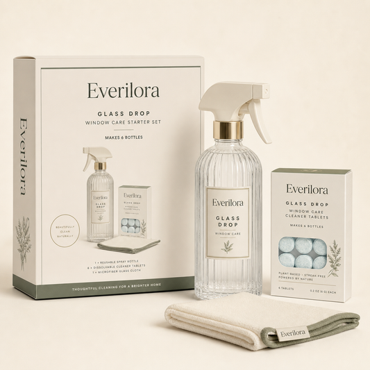 Everilora Glass Drop Window Care Starter Set with fluted reusable bottle, six tablets, and glass cloth