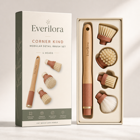 Everilora Corner Kind modular beech-look cleaning brush with four replaceable heads