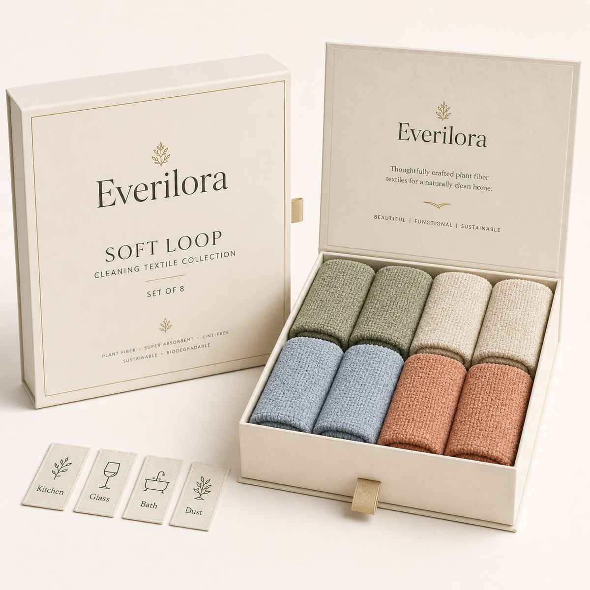 Everilora Soft Loop gift box with eight plant-fiber cleaning cloths in four colors