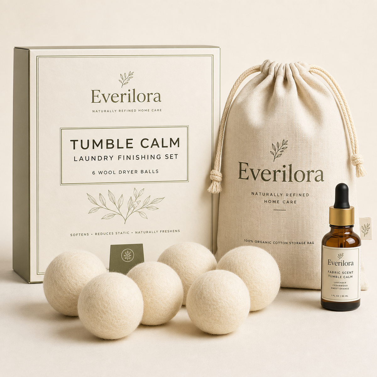 Everilora Tumble Calm set with six wool dryer balls, cotton pouch, and fabric scent drops