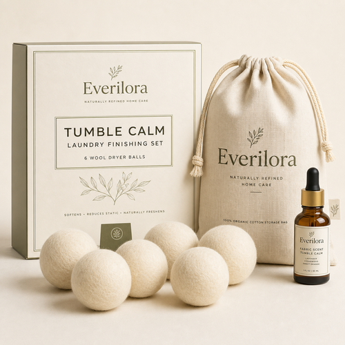 Everilora Tumble Calm set with six wool dryer balls, cotton pouch, and fabric scent drops