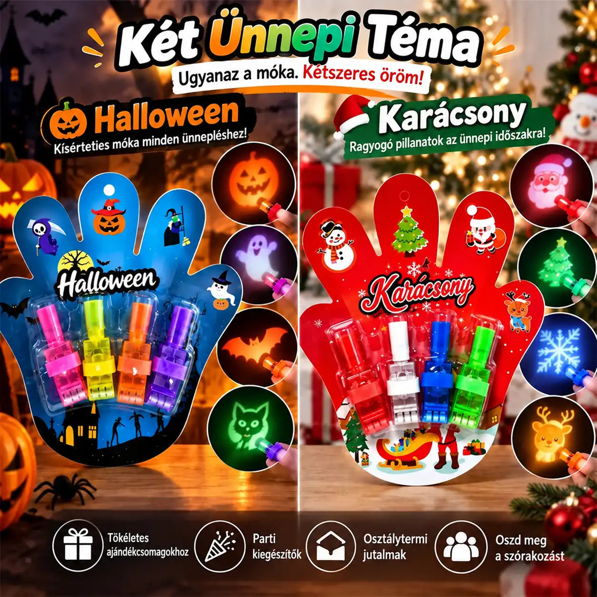 HUBUQ® ünnepi LED-es ujjprojektor-gyűrűk — Halloween és karácsony