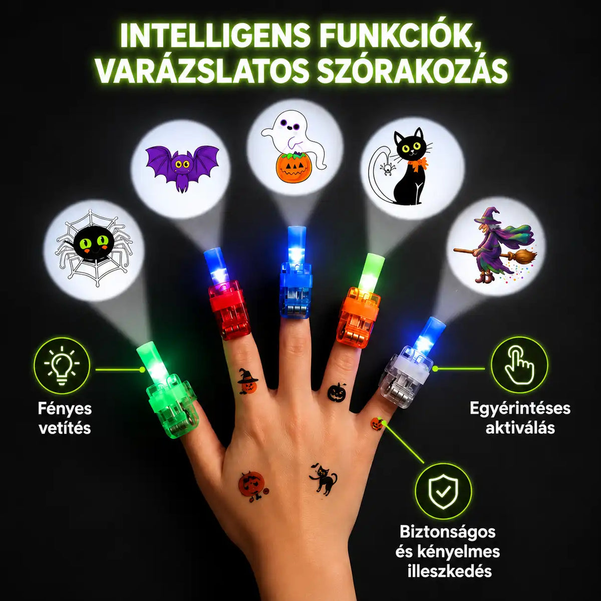 HUBUQ® ünnepi LED-es ujjprojektor-gyűrűk — Halloween és karácsony