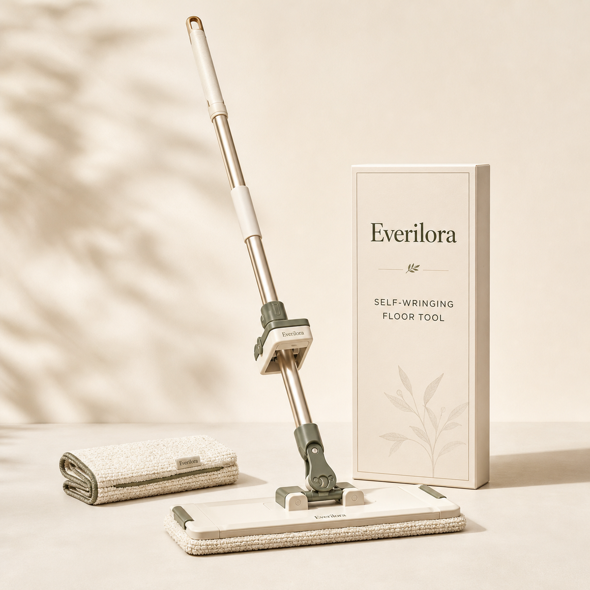 Everilora Self-Wringing Floor Tool with telescoping handle, wide swivel head, and replacement microfiber pad