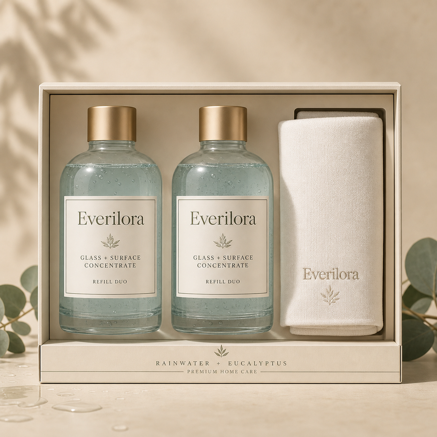 Everilora Glass and Surface Concentrate Refill Duo with two pale-aqua bottles and lint-free polishing cloth