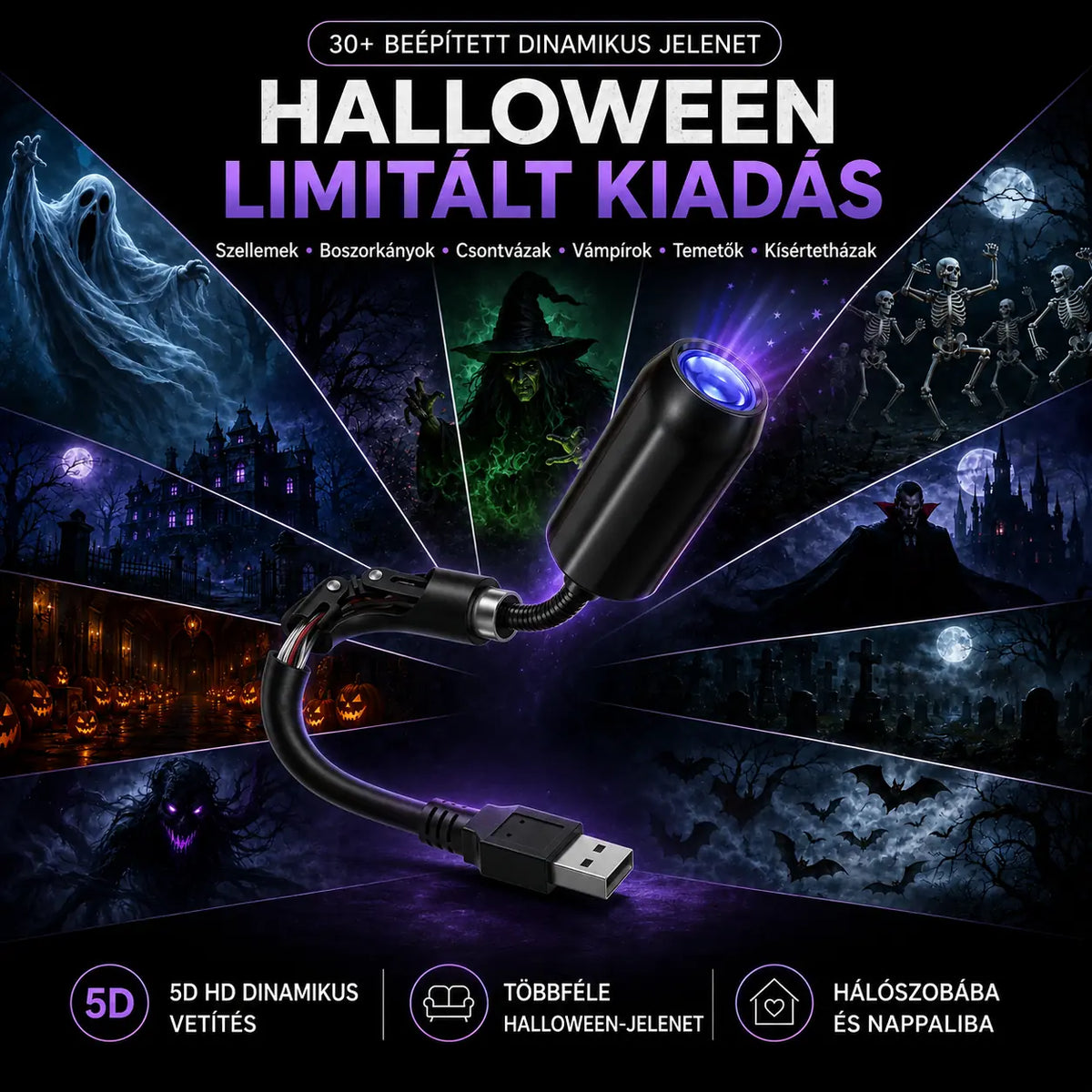 Halloween limitált kiadású 5D holografikus projektor – 30+ beépített dinamikus jelenet