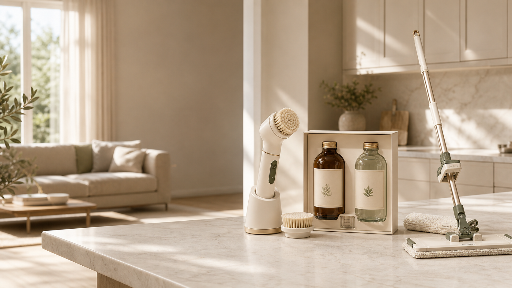 Everilora home care essentials in a sunlit kitchen