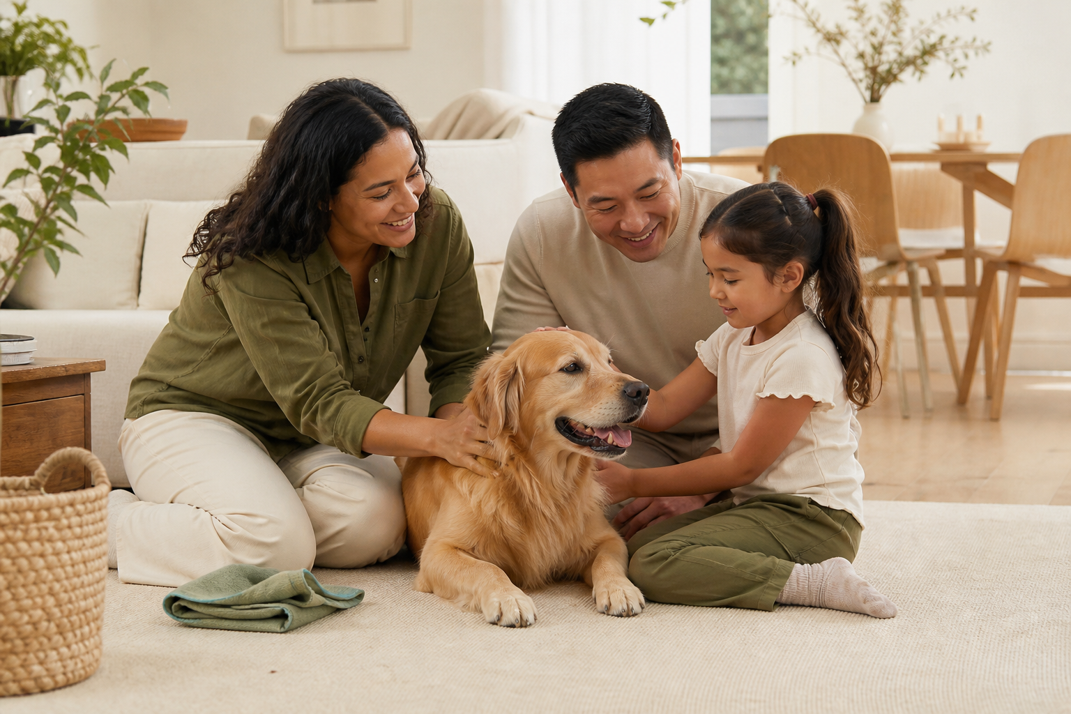 Family relaxing together at home with their golden retriever